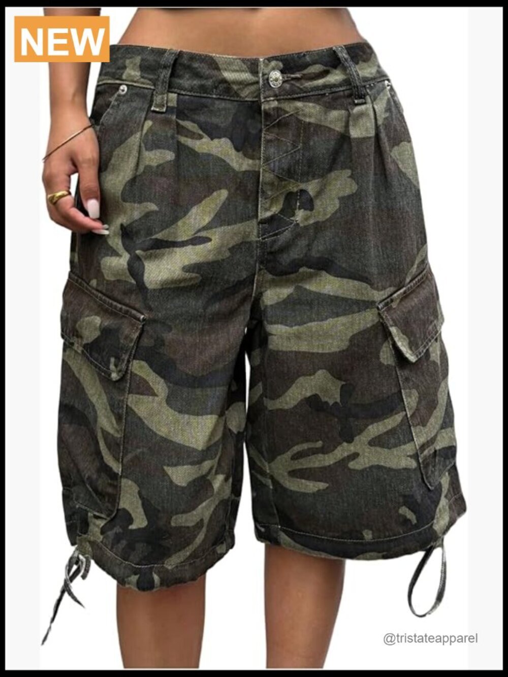 Camo Denim Cargo Shorts with Flap Pockets Letter Graphic Wide Leg